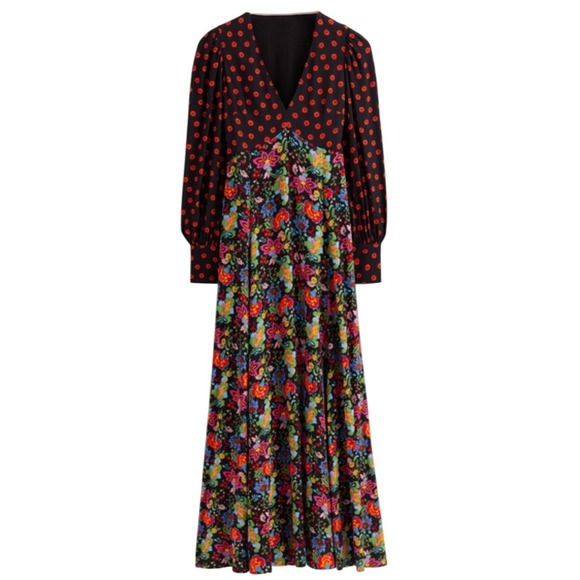 BODEN Blouson Sleeve Maxi Dress Black Red Floral Print V-Neck Retro Boho US 8 - Picture 3 of 11
